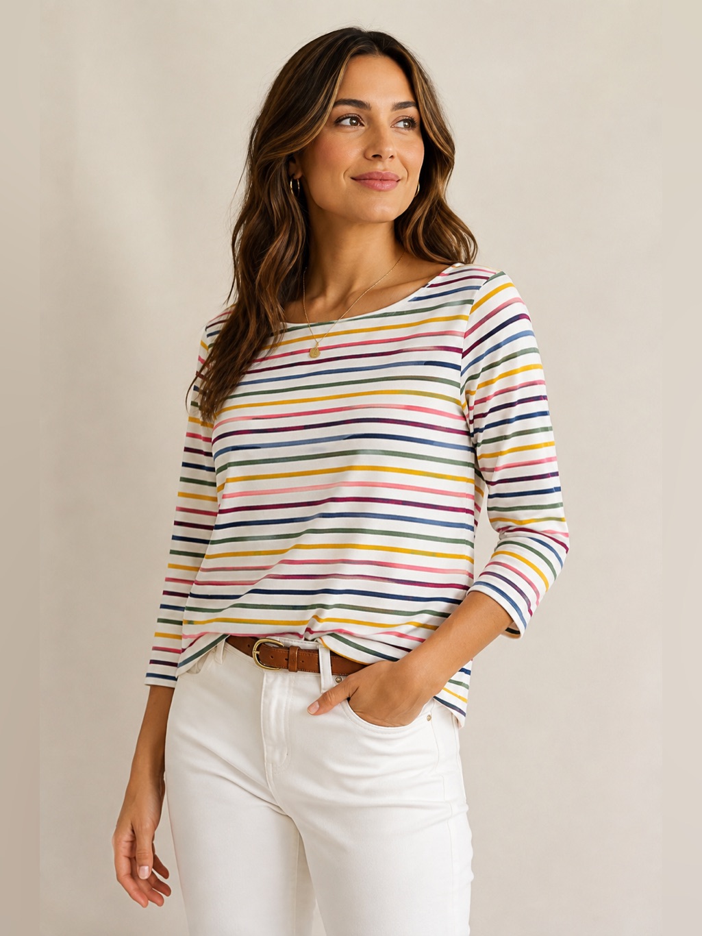 St. John’s Bay Boat Neck Striped Tee Petite Medium Multicolor Cotton Blend Top
